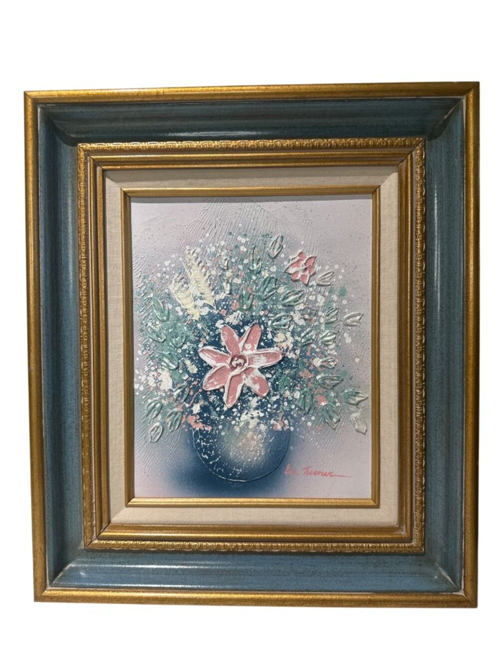 VTG Painting 90s Floral Textured Oil Pink Flower Gold Blue Frame Impasto Glitter